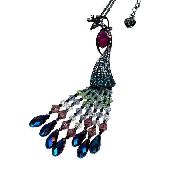 NEW Betsey Johnson PEACOCK BIRD NECKLACE Statement Stone Bejeweled Tassels - Picture 5 of 7